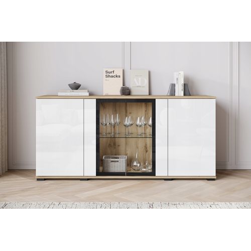 Buffet 150 Cm Vitrine Chêne Wotan Mat / Blanc Brillant