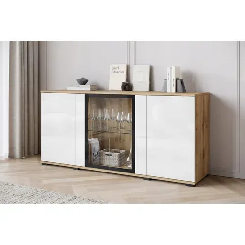 Buffet 150 Cm Vitrine Chêne Wotan Mat / Blanc Brillant