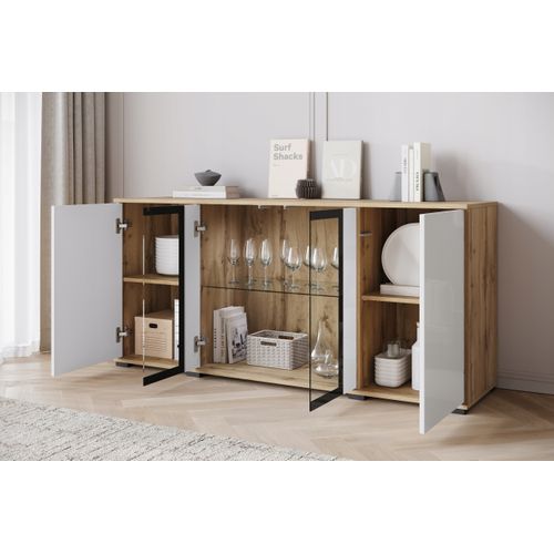Buffet 150 Cm Vitrine Chêne Wotan Mat / Blanc Brillant