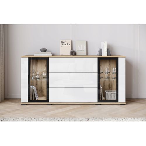 Buffet 150 Cm Vitrine + Tiroirs Chêne Wotan Mat / Blanc Brillant