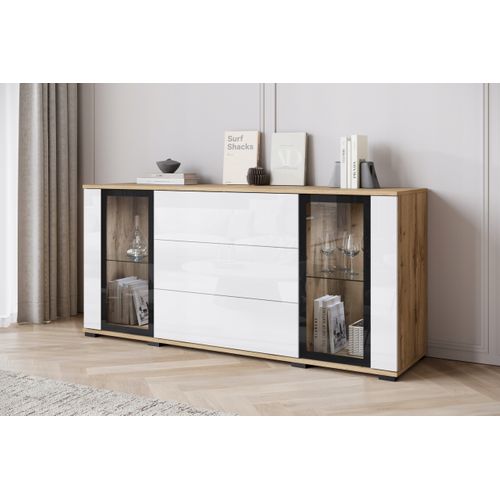 Buffet 150 Cm Vitrine + Tiroirs Chêne Wotan Mat / Blanc Brillant