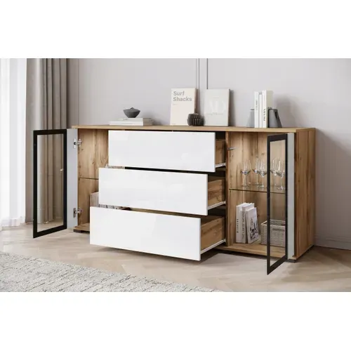 Buffet 150 Cm Vitrine + Tiroirs Chêne Wotan Mat / Blanc Brillant