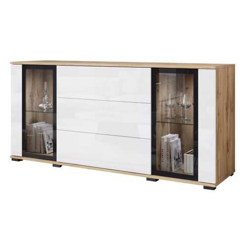 Buffet 150 Cm Vitrine + Tiroirs Chêne Wotan Mat / Blanc Brillant