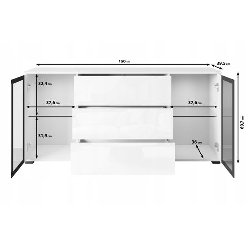 Buffet 150 Cm Vitrine + Tiroirs Chêne Wotan Mat / Blanc Brillant