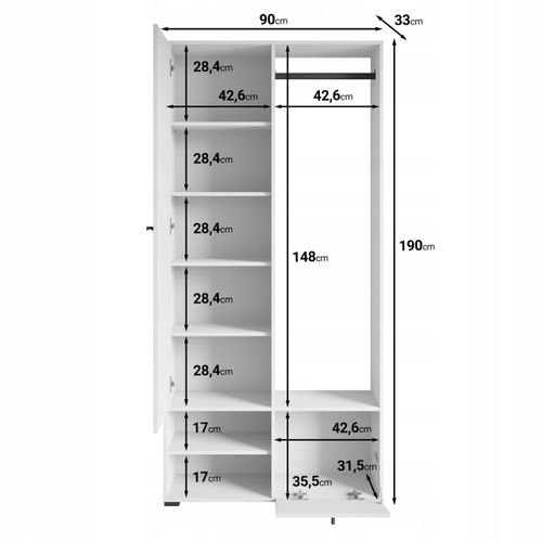 Armoire Entrée 90 Cm Miroir étagères Tringle Matera / Blanc Mat