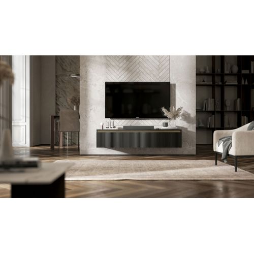 Meuble TV Suspendu Selene Façades Rainurées Noir Mat 140 Cm