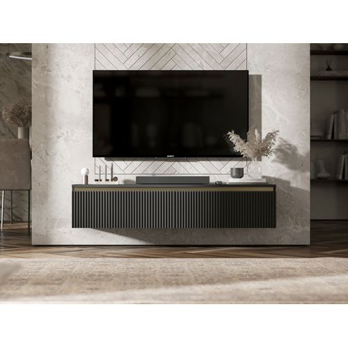 Meuble TV Suspendu Selene Façades Rainurées Noir Mat 140 Cm