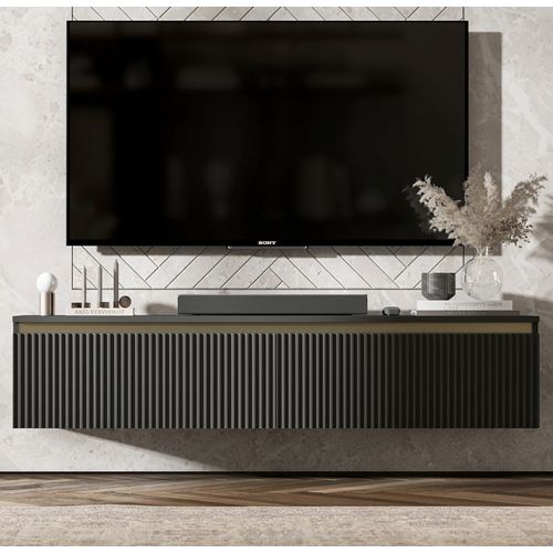 Meuble TV Suspendu Selene Façades Rainurées Noir Mat 140 Cm