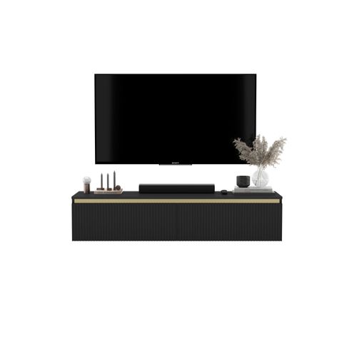 Meuble TV Suspendu Selene Façades Rainurées Noir Mat 140 Cm