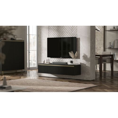 Meuble TV Suspendu Selene Façades Rainurées Noir Mat 140 Cm