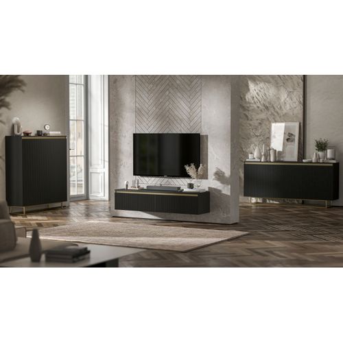 Meuble TV Suspendu Selene Façades Rainurées Noir Mat 140 Cm