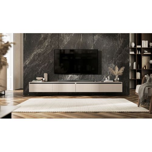 Meuble TV Suspendu Selene 280 cm Cachemire Mat Façades Rainurées Modernes