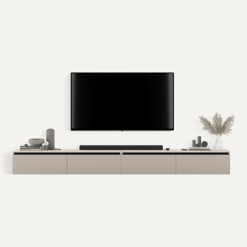 Meuble TV Suspendu Selene 280 cm Cachemire Mat Façades Rainurées Modernes