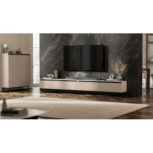 Meuble TV Suspendu Selene 280 cm Cachemire Mat Façades Rainurées Modernes