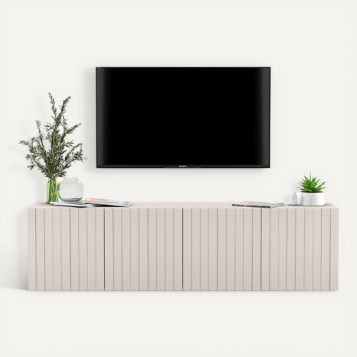 Meuble TV Suspendu Elpis Façades Rainurées Cachemire Mat 150 Cm