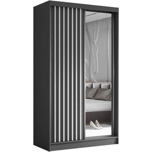 Armoire Helix 120 cm, 2 Portes Coulissantes Miroir, Graphite et Blanc Lamelles