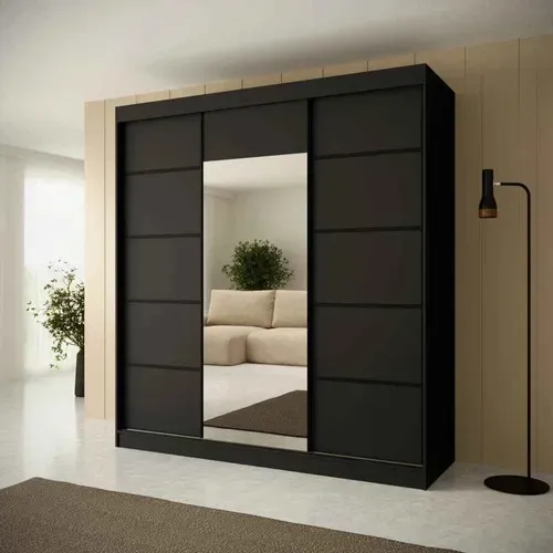 Armoire Monika 200cm – Armoire 3 Portes Coulissantes Avec Miroir, Noir Et Croisillons Noir