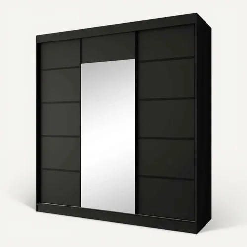 Armoire Monika 200cm – Armoire 3 Portes Coulissantes Avec Miroir, Noir Et Croisillons Noir
