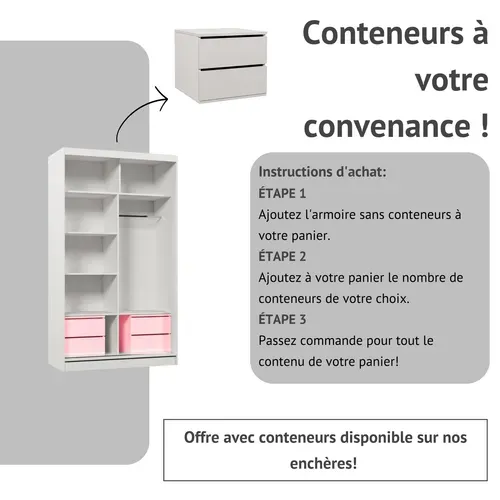 Armoire Helix 120 cm, 2 Portes, Miroir + 2 Modules à Tiroirs, Blanc et Chêne Artisan Lamelles