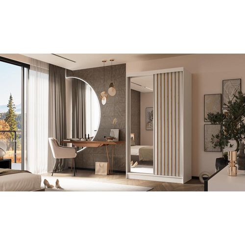 Armoire Helix 120 cm, 2 Portes, Miroir + 2 Modules à Tiroirs, Blanc et Chêne Artisan Lamelles