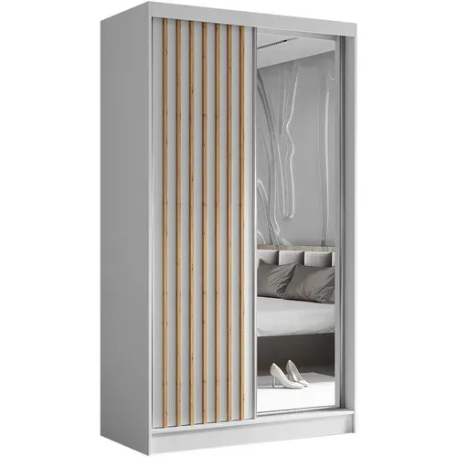 Armoire Helix 120 cm, 2 Portes, Miroir + 2 Modules à Tiroirs, Blanc et Chêne Artisan Lamelles