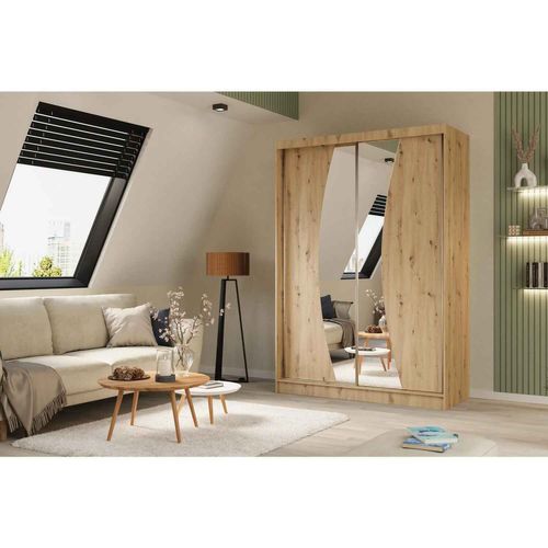 Armoire VOX 150 cm – 2 Portes Coulissantes Avec Miroir Et 2 Modules à Tiroirs – Chêne Artisan