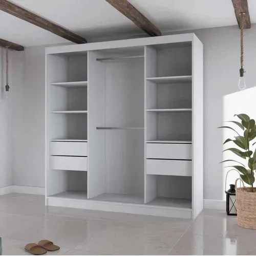Armoire Vilo II 200cm – Armoire 3 Portes Coulissantes Avec Miroir, 4 Tiroirs, Chêne Sonoma Et Noir