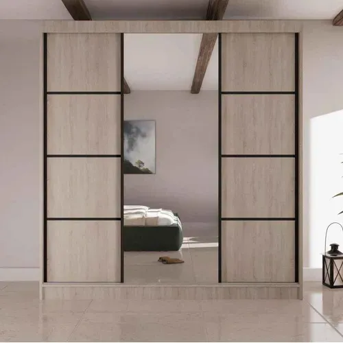 Armoire Vilo II 200cm – Armoire 3 Portes Coulissantes Avec Miroir, 4 Tiroirs, Chêne Sonoma Et Noir