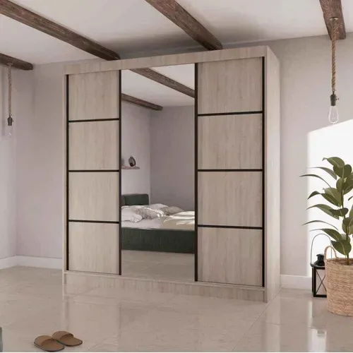 Armoire Vilo II 200cm – Armoire 3 Portes Coulissantes Avec Miroir, 4 Tiroirs, Chêne Sonoma Et Noir