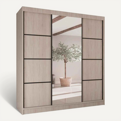 Armoire Vilo II 200cm – Armoire 3 Portes Coulissantes Avec Miroir, 4 Tiroirs, Chêne Sonoma Et Noir