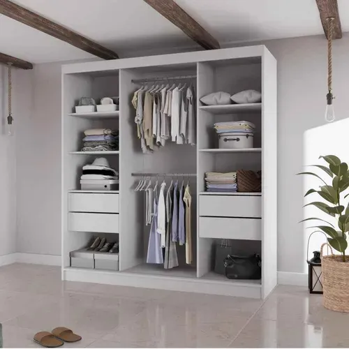 Armoire Vilo II 200cm – Armoire 3 Portes Coulissantes Avec Miroir, 4 Tiroirs, Chêne Sonoma Et Noir