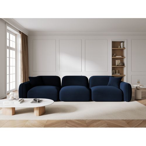 Canapé panoramique convertible - ASMA VELOURS - en tissu de qualité 5 places, bleu foncé, méridienne à droite