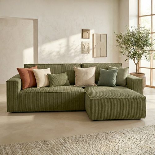 Canapé D'angle Convertible Réversible 4 Places Avec Coffre En Velours Côtelé Vert Kaki - Livia