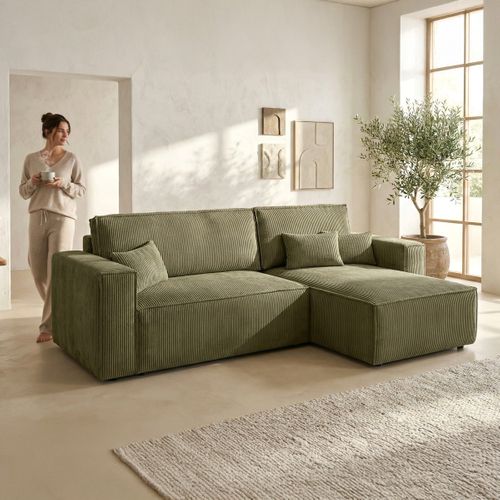 Canapé D'angle Convertible Réversible 4 Places Avec Coffre En Velours Côtelé Vert Kaki - Livia