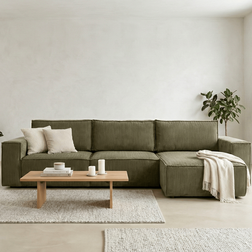Canapé D'angle Convertible Réversible 5 Places Avec Coffre En Velours Côtelé Vert Kaki - Harper