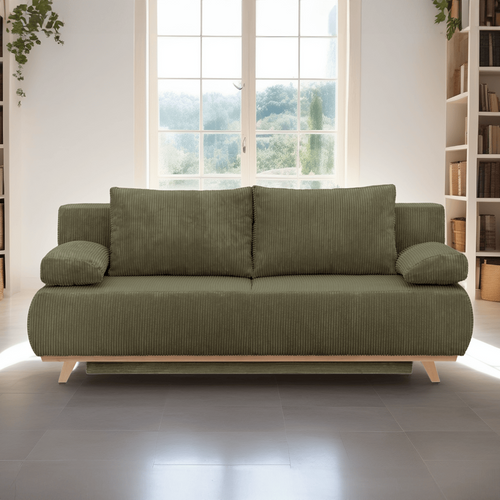 Canapé Convertible 3 Places Avec Coffre En Velours Côtelé Vert Kaki - Laria