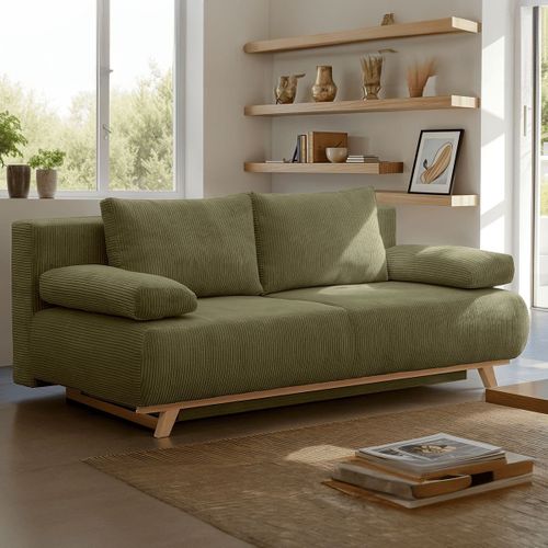 Canapé Convertible 3 Places Avec Coffre En Velours Côtelé Vert Kaki - Laria