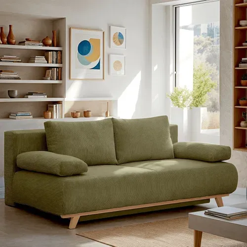 Canapé Convertible 3 Places Avec Coffre En Velours Côtelé Vert Kaki - Laria