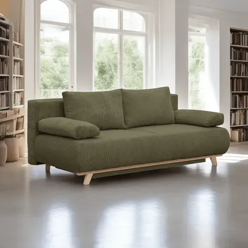 Canapé Convertible 3 Places Avec Coffre En Velours Côtelé Vert Kaki - Laria