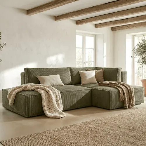 Canapé D'angle à Droite Convertible 3 Places Avec Coffre En Velours Côtelé Vert Kaki - Barani