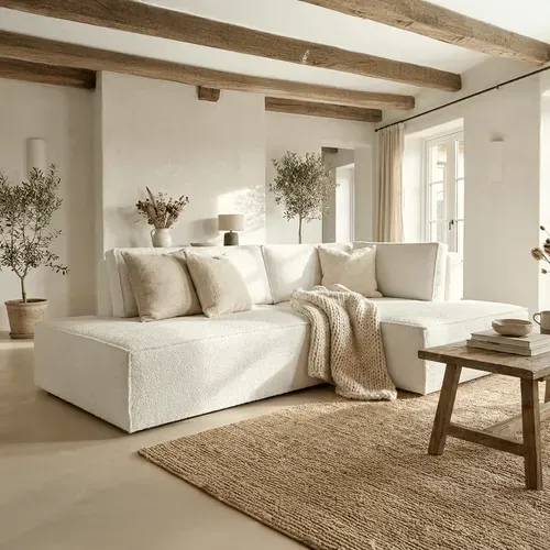 Canapé D'angle à Droite Convertible 3 Places Avec Coffre En Tissu Bouclé écru - Barani