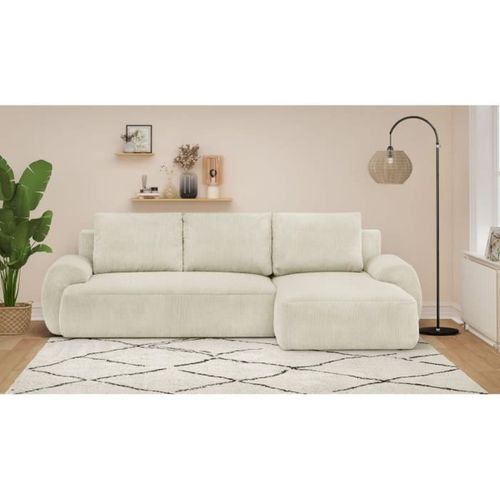 Canapé D'angle Droit Convertible 4/5 Places Milo - Velours Côtelés Beige - Coffre De Rangement - L