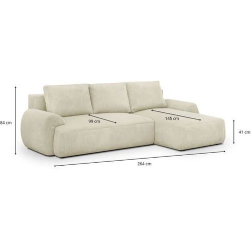 Canapé D'angle Droit Convertible 4/5 Places Milo - Velours Côtelés Beige - Coffre De Rangement - L