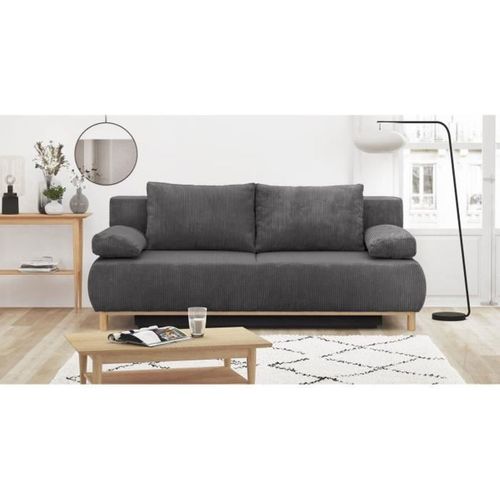 Banquette Convertible 3 Places - Velours Côtelé Gris Foncé - Coffre De Rangement - L 192 X H 84 X