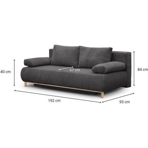 Banquette Convertible 3 Places - Velours Côtelé Gris Foncé - Coffre De Rangement - L 192 X H 84 X