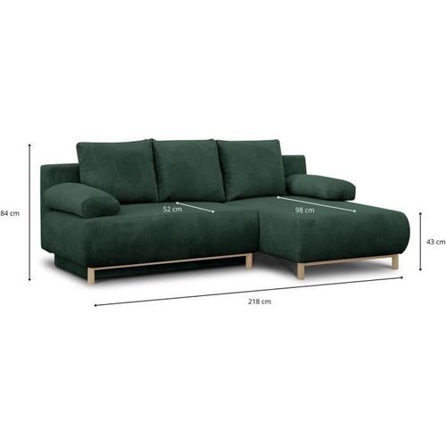 Canapé D'angle Droite Convertible - 3 Places - Mika - Tissu Velours Côtelé Vert Foncé - Coffre