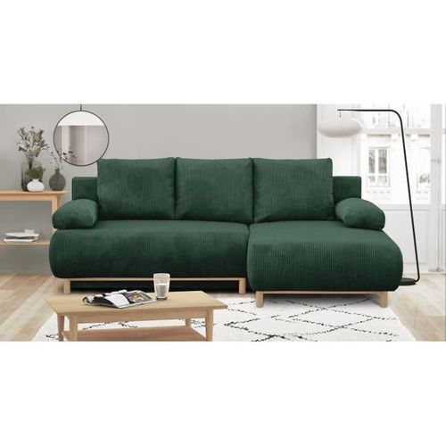 Canapé D'angle Droite Convertible - 3 Places - Mika - Tissu Velours Côtelé Vert Foncé - Coffre