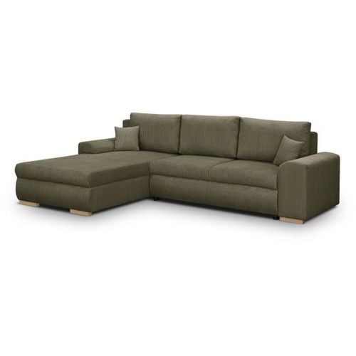 Canapé D'angle Convertible 5 Places Indian - Tissu Velours Côtelé Kaki - Coffre - 289x94/188x88cm