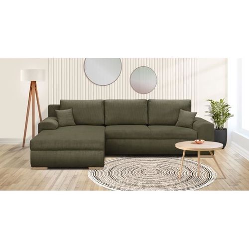 Canapé D'angle Convertible 5 Places Indian - Tissu Velours Côtelé Kaki - Coffre - 289x94/188x88cm