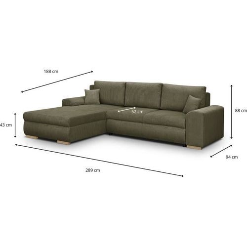 Canapé D'angle Convertible 5 Places Indian - Tissu Velours Côtelé Kaki - Coffre - 289x94/188x88cm